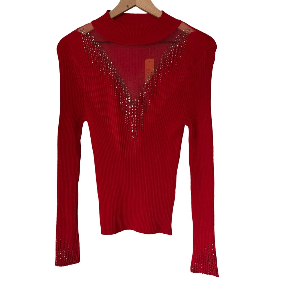 Belladini Red Ribbed Knit Sweater Sheer Mesh Rhinestone Detail Size‎ L